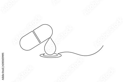 Capsule pill single line illustration for medical liquid dose and care