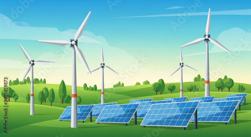 Renewable energy sources with solar panels and wind turbines in a green landscape with blue sky
