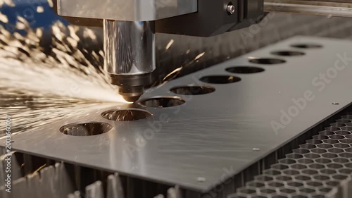 Automated CNC Fiber Laser Cutting Complex Geometric Patterns in Metalwork Factory
