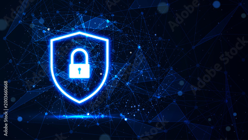 High-tech cybersecurity concept. Digital protection shield with encrypted data, network security, and cyber threats