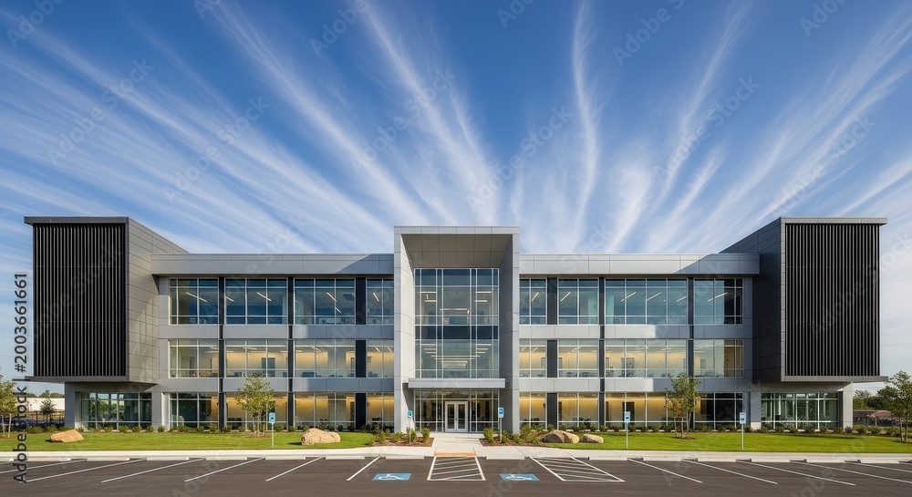 Obraz premium Modern office building exterior with glass facade and wispy sky