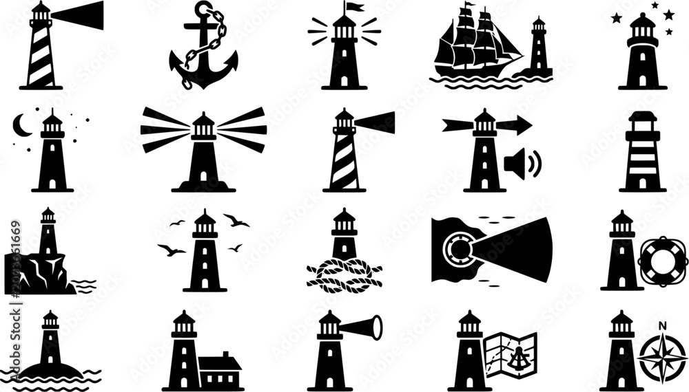 Obraz premium A collection of handdrawn outline lighthouse icons representing maritime navigation, coastal safety, and ocean adventure, perfect for web graphics, educational materials, and travel