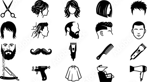 Collection of black glyph icons representing various popular hairstyles, contemporary haircuts, beard styles, and essential barber tools, perfect for modern salons and diverse beauty
