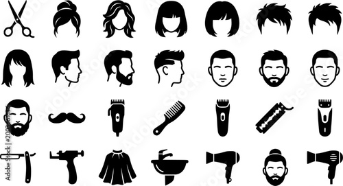 Collection of black glyph icons representing various popular hairstyles, contemporary haircuts, beard styles, and essential barber tools, perfect for modern salons and diverse beauty