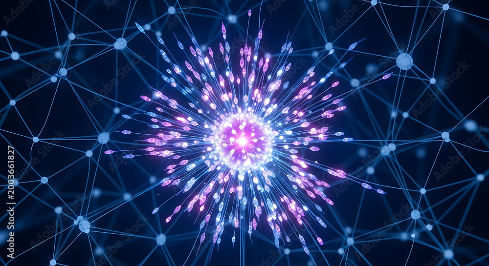 Fototapeta premium Abstract glowing neural network connection with vibrant energy explosion in dark blue