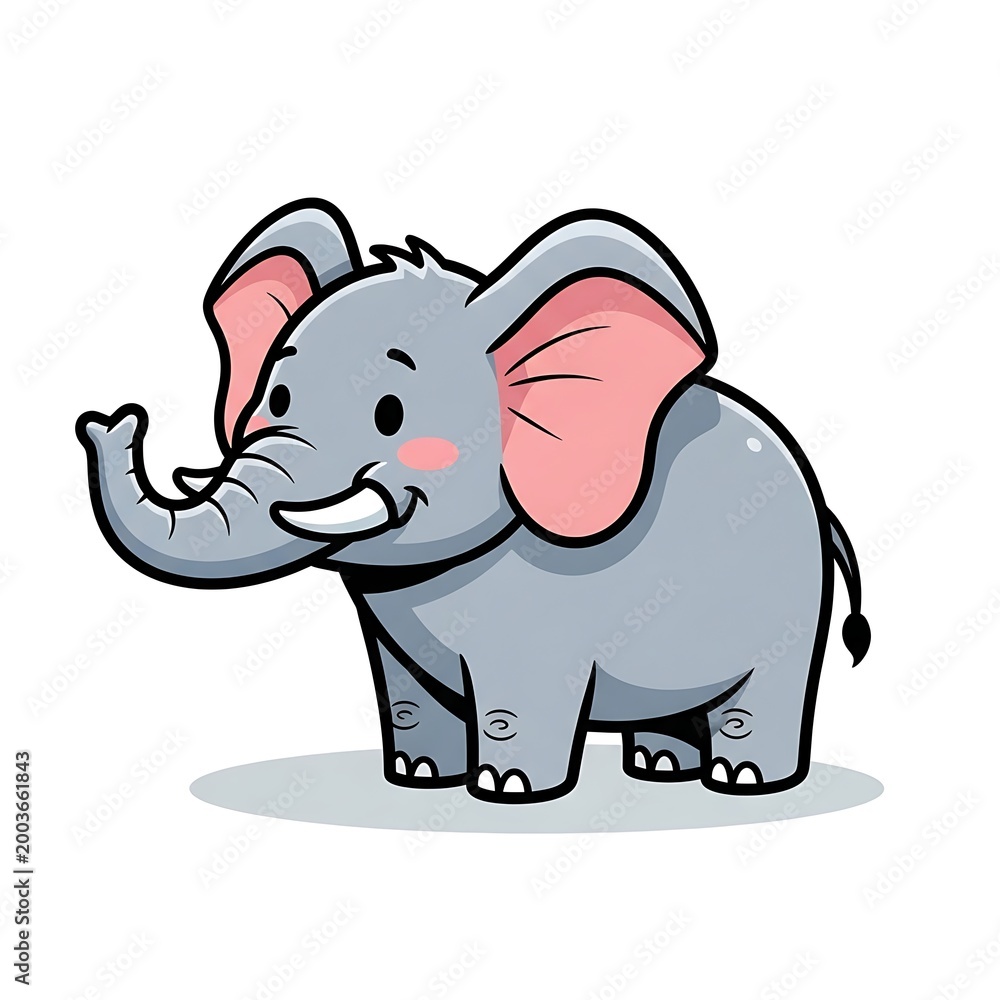 Obraz premium Cute cartoon elephant standing with trunk raised on a white background