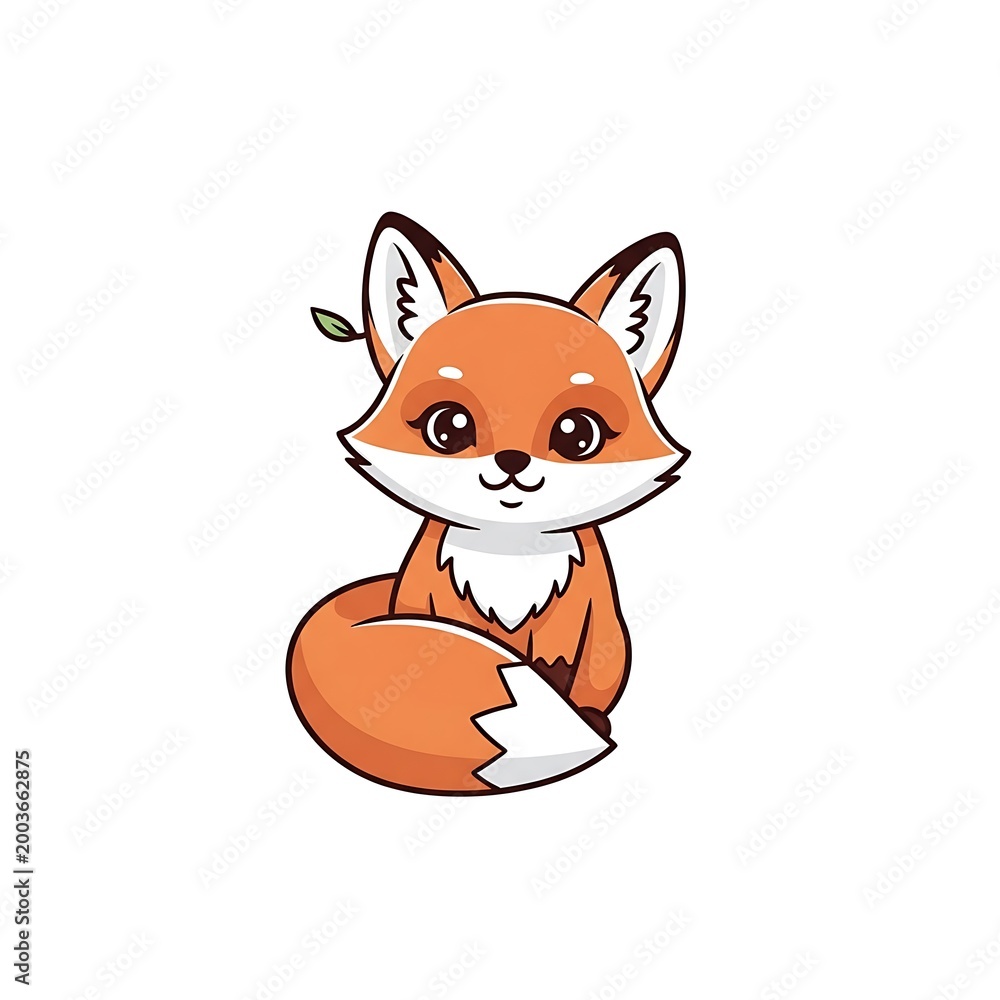 Fototapeta premium Cute cartoon fox with a green leaf sitting on a white background