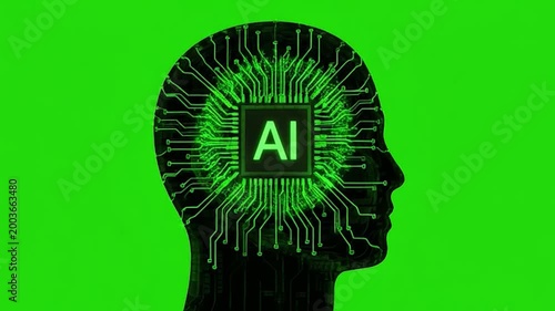 A silhouette of a human head with a glowing circuit board and the letters AI inside, on a bright green background