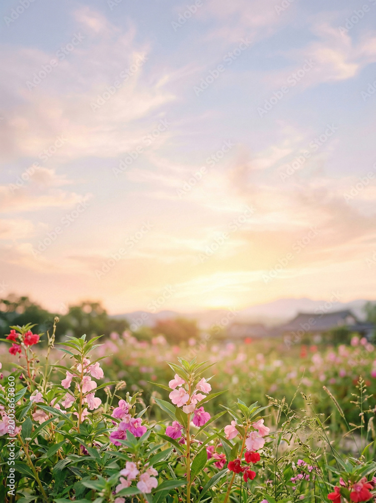 Obraz premium Balsam Flower Field Under Soft Pastel Sunset Sky