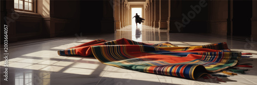 Colorful striped textile on polished palace floor with fleeing figure in sunlit corridor, dramatic cinematic mystery scene