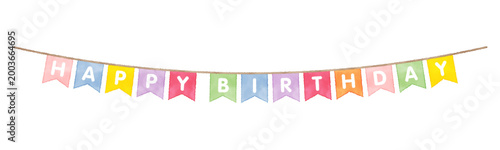 Fotografía Watercolor pennant flag garland in a row, birthday party decoration illustration