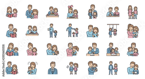 Canvastavla Collection of happy family moments, parents and children enjoying time together