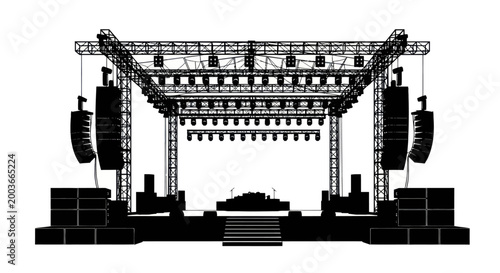 Schilderij op canvas Stage lighting and sound equipment setup for a concert.