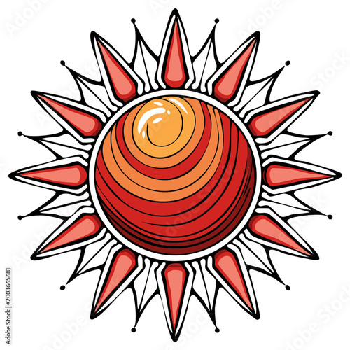 Stylized Sun Illustration with Rays and Circular Pattern in Warm Red and Orange Tones