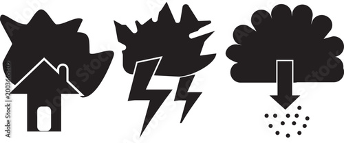 Weather forecast storm icons with house lightning rain cloud symbols