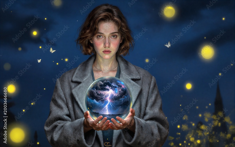 Naklejka premium A woman holds a crystal ball showing lightning surrounded by glowing