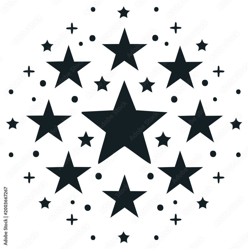 Obraz premium Abstract circular arrangement of dark stars and sparkles on a light background