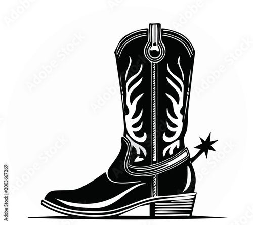 Detailed illustration of a traditional cowboy boot with a spur showcasing the wild west heritage and rustic charm, perfect for western lifestyle designs.