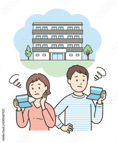 通帳を見て住宅資金や購入に悩みつつマンションを思い浮かべる若い夫婦
