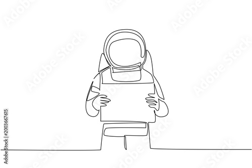 Awesome one line drawing shows a spaceman holding a large blank marketing ad placard in front chest. This amazing illustration nicely suits a universe concept for a science campaign poster.