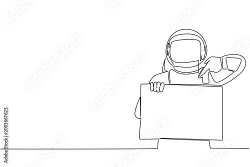 Beautiful single line drawing depicts a spaceman pointing down at a blank marketing ad sign. This outstanding image represents an outer space concept for an advanced scientific exhibition.