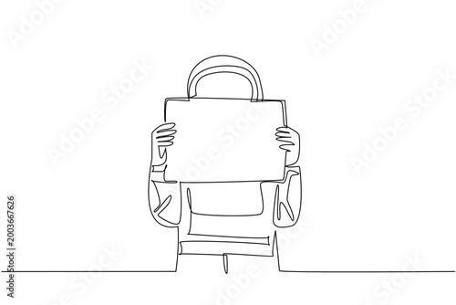 Creative continuous line drawing features a young handsome astronaut covering his face with a blank marketing ad sign. It perfectly highlights a strong protest concept for a science poster.