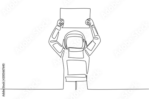 Unique one line drawing depicts a young handsome astronaut raising a blank marketing advertisement board up high. It represents an equality concept perfectly suited for a global science banner.