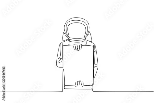Gorgeous single line drawing displays an astronaut holding a vertical blank marketing ad board in front. This amazing image nicely highlights a universe concept for an education exhibition.
