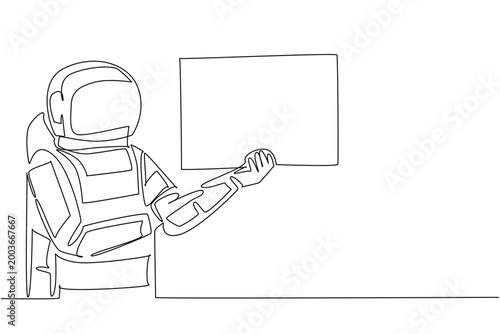 Awesome monochrome continuous line drawing features an astronaut presenting a blank marketing placard sideways. It beautifully represents an outer space concept for a futuristic science poster.
