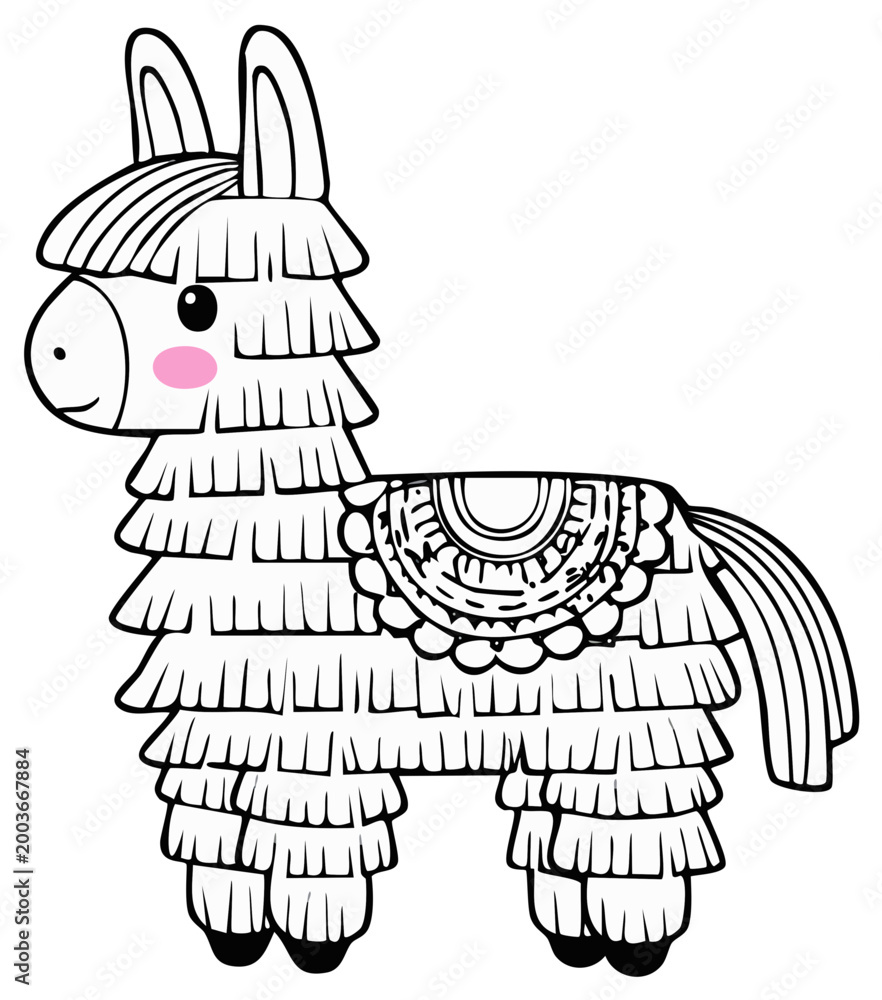 Fototapeta premium Cute outline llama piñata with festive saddle isolated on white background