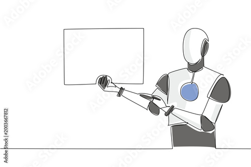 Colorful single line drawing features an artificial intelligence robot presenting a blank marketing placard sideways. It beautifully represents an advanced technology concept for a science exhibition.