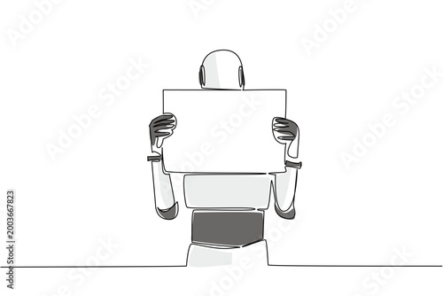 Colorful continuous line drawing features an artificial intelligence robot covering its face with a blank marketing ad sign. It perfectly highlights a strong protest concept for a science poster.