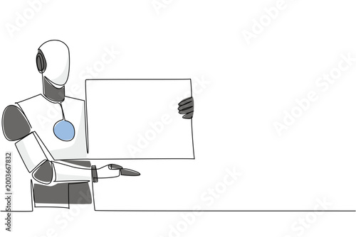 Perfect colorful single line drawing displays an artificial intelligence robot presenting a blank paper placard. This artistic image beautifully highlights an education concept for a learning website.