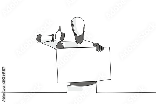 Wonderful colorful one line drawing presents an artificial intelligence robot giving a thumbs up behind a blank board. It beautifully emphasizes a technology concept for a science exhibition.