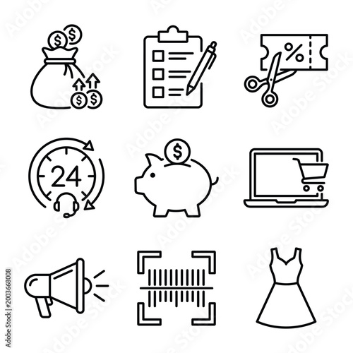 Business finance and e commerce shopping line icon set with business ecommerce shopping checklist discount consumer