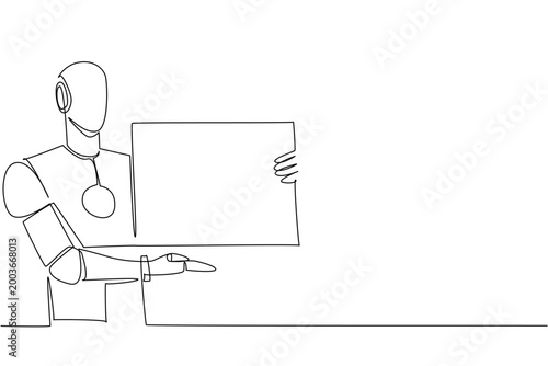 Perfect single line drawing displays an artificial intelligence robot presenting a blank marketing ad placard. This artistic image beautifully highlights an education concept for a learning website.