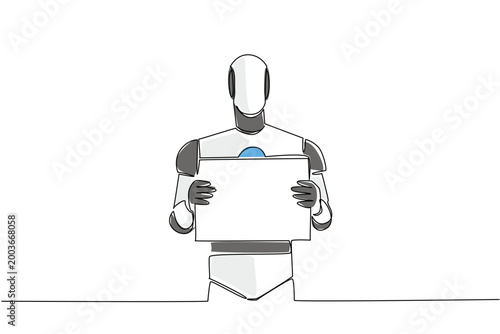 Awesome colorful one line drawing presents a cyborg holding a large blank placard in front. This amazing illustration perfectly suits an artificial intelligence concept for a technology poster.