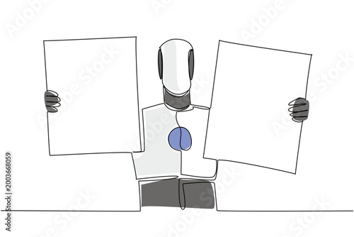 Beautiful colorful single line drawing shows an artificial intelligence robot holding two blank paper boards. It wonderfully highlights a futuristic science concept for an advanced school presentation