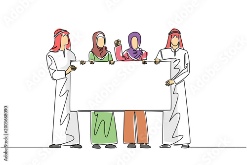 Colorful one line drawing of four Arab and Muslim men and women people carrying blank marketing advertisement banner. This excellent teamwork diversity concept is an ideal graphic for global business
