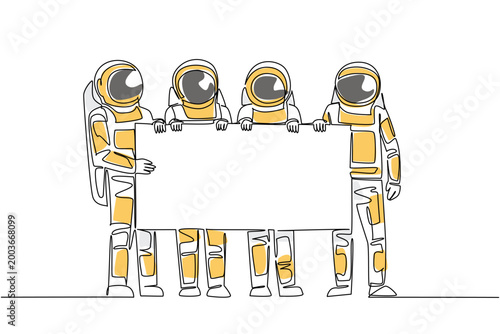 Colored continuous line drawing of four astronauts displaying a blank marketing advertisement board. Amazing universe science concept represents fantastic option for a space museum exhibition poster.