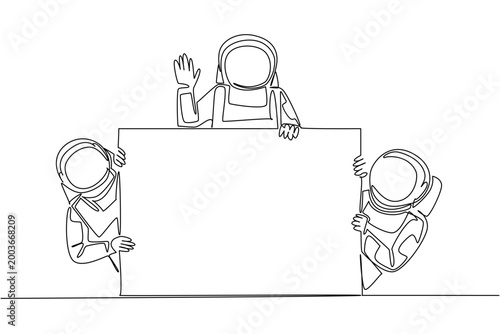 Single line drawing of three astronauts holding a blank advertisement board. It is a great science concept perfect for a kids educational poster, school presentation, or creative kids stationery.