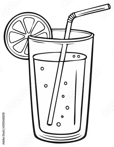 Refreshing drink with lemon slice and straw in a tall glass