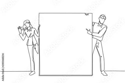 One line drawing of a woman and man presenting a blank vertical marketing ad board. This wonderful teamwork business concept is highly suitable for a corporate recruitment banner or event poster.