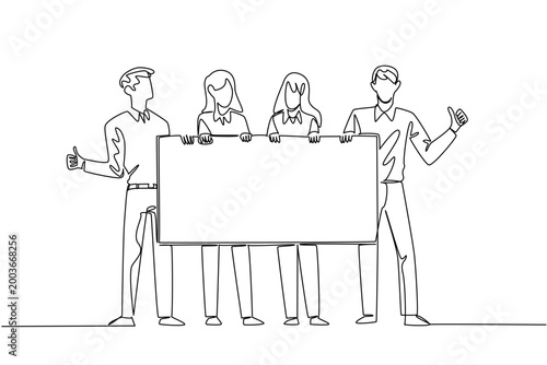 Beautiful one line drawing of two men and two women holding a blank company marketing ad board. This incredible teamwork business concept is highly suitable for a corporate presentation template.