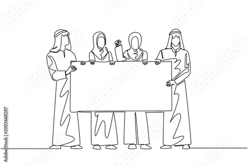 Beautiful continuous line drawing of four Arab and Muslim man and woman people holding blank board. This global diversity concept works exceptionally well for an international community event poster.