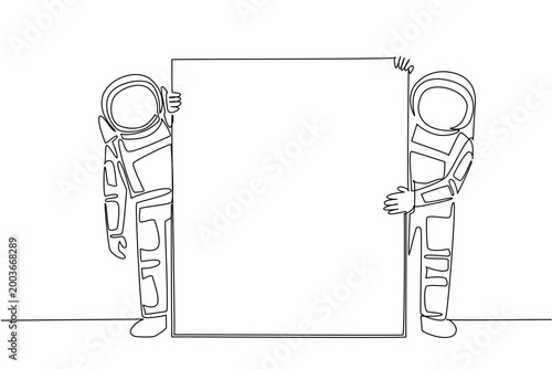 Brilliant single line drawing of two astronauts holding a vertical blank communication board. This outer space science concept is an outstanding choice for kids educational poster or school bulletin.