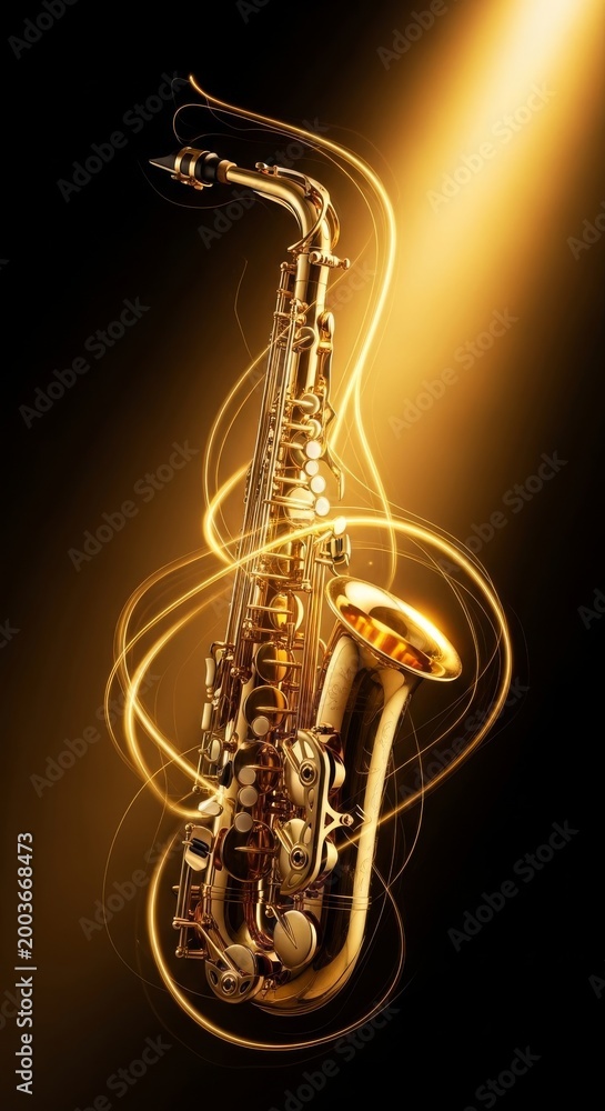 Obraz premium Vibrant golden spotlight illuminates a brass saxophone with artistic blurred motion lines and glowing light trails against a dark background, entertainment, reed, trails