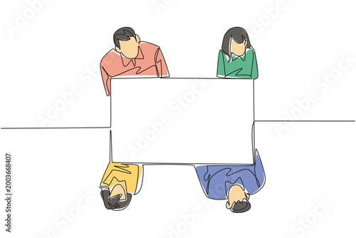 Colorful continuous line drawing of businesswomen and businessmen holding a large map from an overhead view. This teamwork business concept is absolutely perfect for a startup presentation poster.