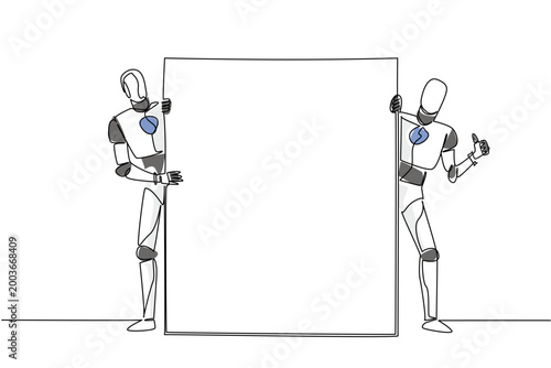 Wonderful single line drawing of two colorful robots holding up a blank vertical board. This advanced technology concept works perfectly for an international tech conference banner or exhibition.
