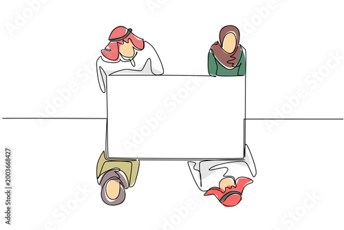Colorful single line drawing of Arabian men and Muslim women holding a business map from a top view together. This global business concept is an ideal graphic for an international conference banner.